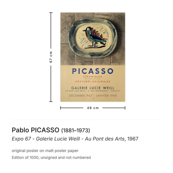 Image 1 of Pablo PICASSO Expo 67 - Galerie Lucie Weill - Au Pont des Arts Poster