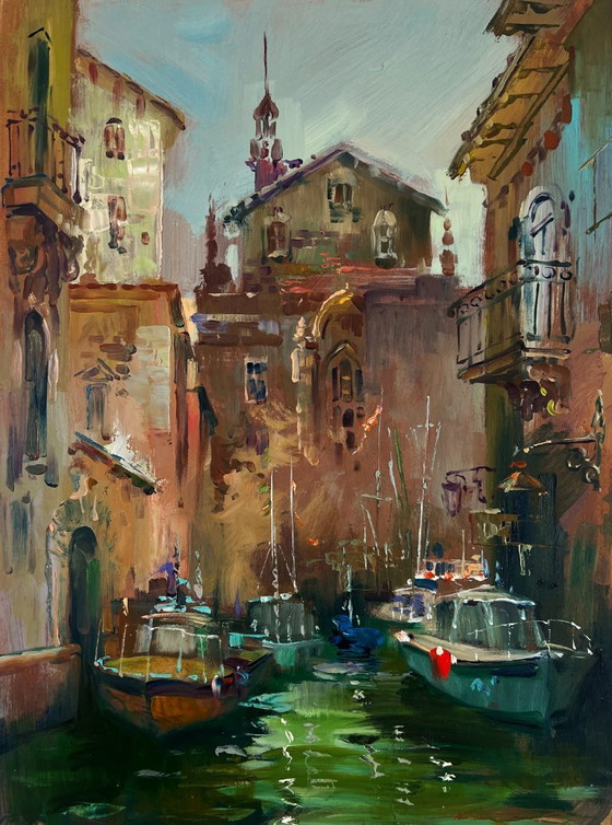 Image 1 of Original Oil Painting Coastal Houses Landscape The narrow streets of the city