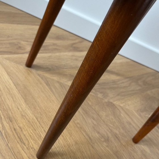 Image 1 of Vintage Velvet Footstool in Dark Teal, Mid Century Modern Stool with Wood Legs