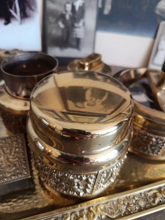 Image 1 of Raucherset Komplett 6Teile!!! Messing Gold Putten Engel Vintage RARITÄT elErhard und Söhne Made in Germany 50er Mid Century