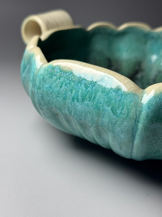Faïenceries de Thulin, Art Deco Turquoise Ceramic Centrepiece with Drip Glaze, Belgium, circa 1930s (photo 8 of 13)