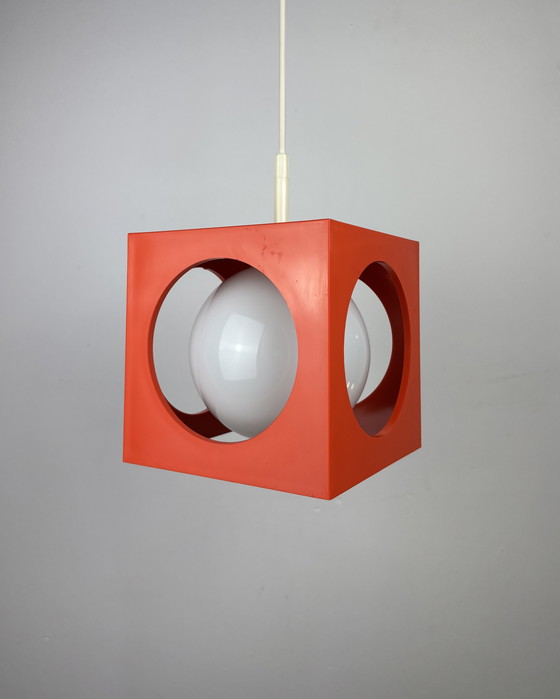 Image 1 of Space Age Ceiling Lamp, Richard Essig, Orange Minimalistic Cube Design, 1970s, Retro-Futuristic Lamp, Germany, Sputnik Design