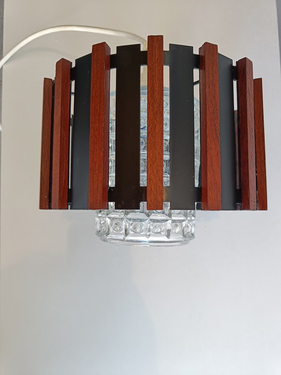 Image 1 of Scandinavian style pendant lamp in teak, black metal and textured glass, 1960s/70s