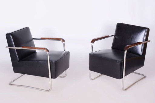 Paar gerestaureerde Bauhaus-fauteuils, van Mücke-Melder, Leer, Tsjechisch, jaren dertig – Leather, Wood
