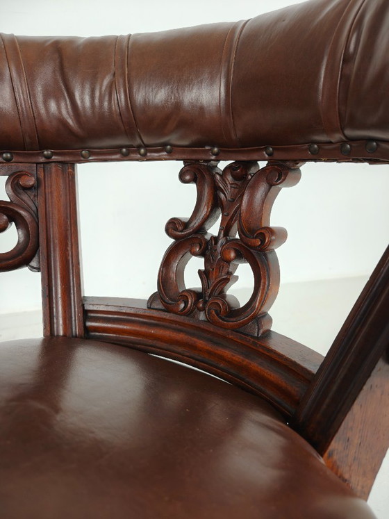 Antique Leather Armchair by Robson & Son – Carved Wood & Castors, Newcastle (photo 5 of 11)