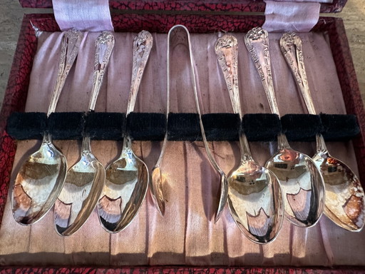 Vintage Verzilverde Theelepels Met Suikertang Originele Doos – tafelaccessoires, Metal, Silver
