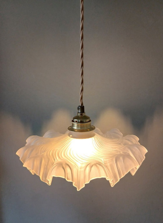 Image 1 of Vintage Franse Frosted Glazen Hanglamp in Clichy Stijl