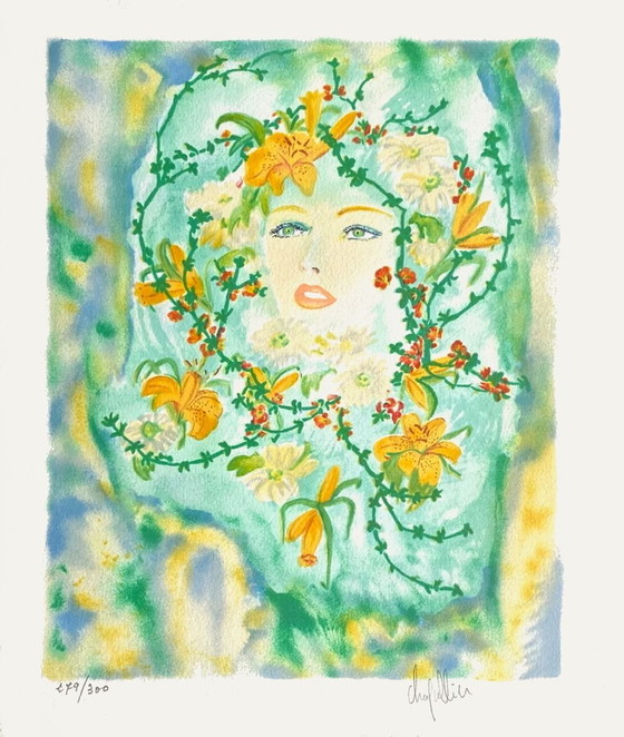 Image 1 of Cécile CHAPELLIER Visage en fleurs Signed lithograph 1990