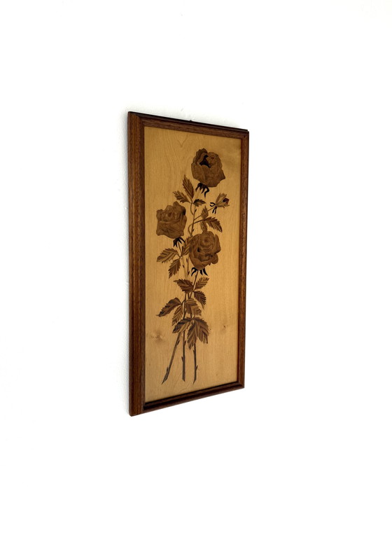 Image 1 of Vintage houten handwerk schilderij met rozen ‘60