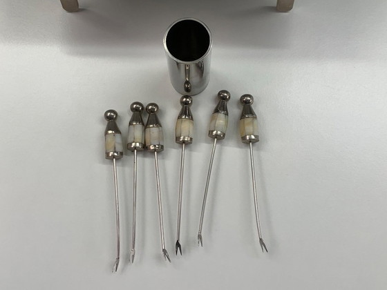 Image 1 of Art Deco Style Silver-Plated and Mother-of-Pearl Tiered Hors d'Oeuvres Serving Caddy with Matching Cocktail Picks