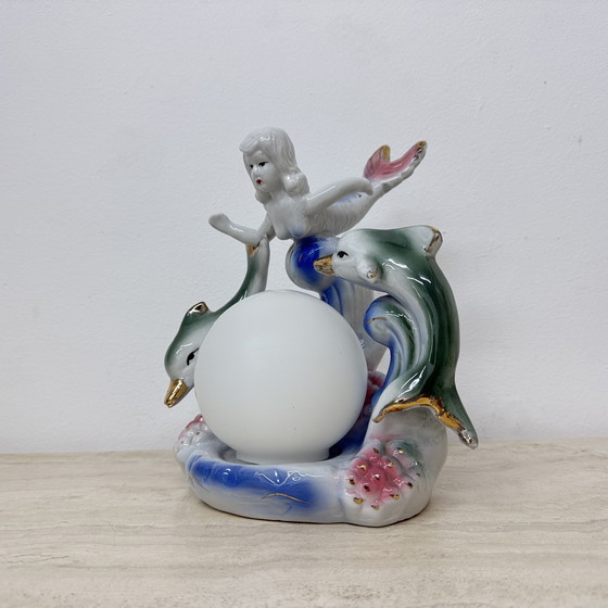 Image 1 of Vintage keramieken tafellamp met zeemeermin en dolfijnen, jaren 1980