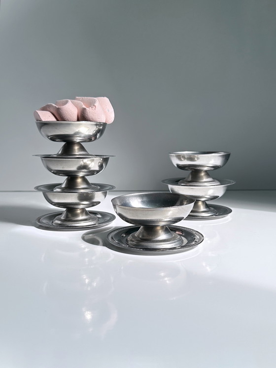 Image 1 of 6x Italiaanse dessertkommen ronde ijsbekers metalen decor schotels bord bokaal glas 80s gelato beker voet kom