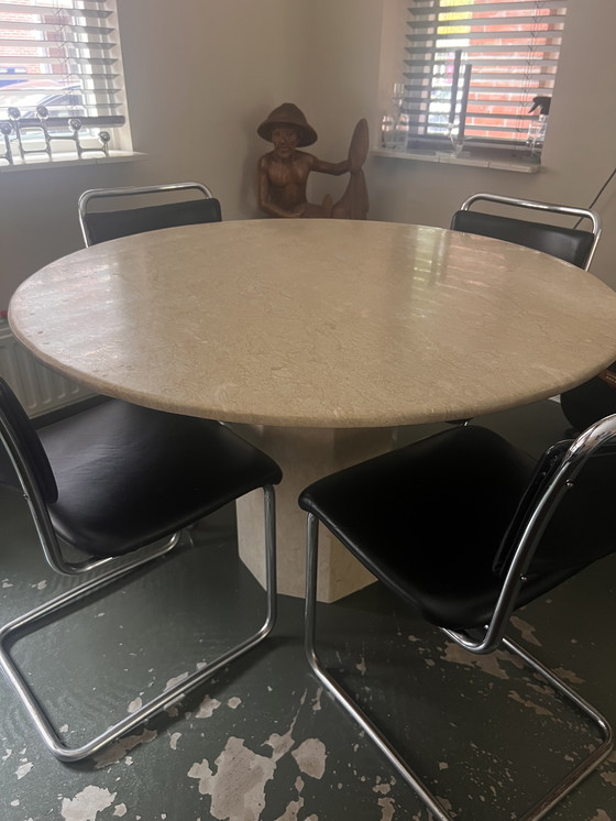 Image 1 of Table à manger en travertin - plateau rond / pied hexagonal