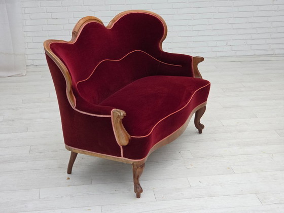 Image 1 of 1920-30s, Danish 2-seater sofa, furniture velour, ash wood, reupholstered.