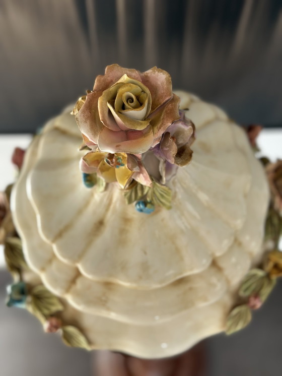 Image 1 of Vintage Baroque-Style Ceramic Lidded Bowl with Hand-Applied Flowers