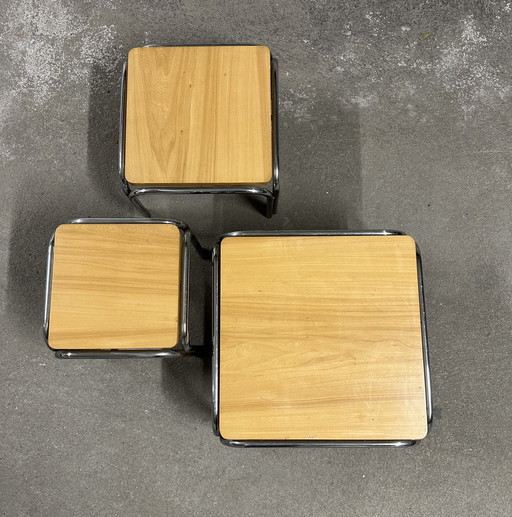 Set of 4 70s metal and solid oak nesting tables