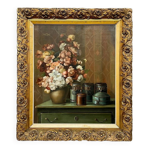 Still life with flowers. signature. in a beautiful, expensive setting. – schilderijen tekeningen, Canvas