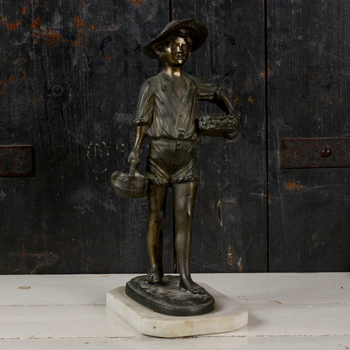 20th Century Bronze Metal Statue Sculpture of a Fisherman Boy with Baskets of Fish and Octopuses