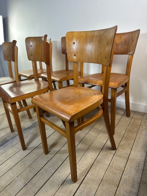 Juego de 6 sillas de bistró Thonet vintage de madera, década de 1960.