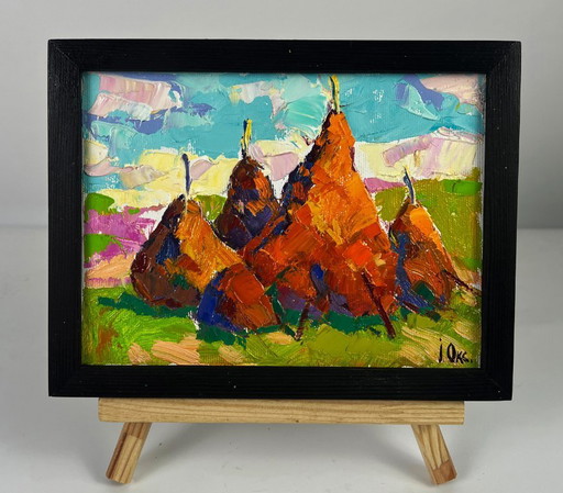 Original Oil Painting Nature Landscape Haystacks in a Field