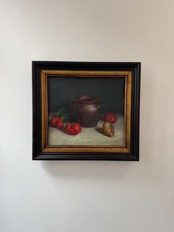 Image 1 of Still life painting, oil on antique canvas