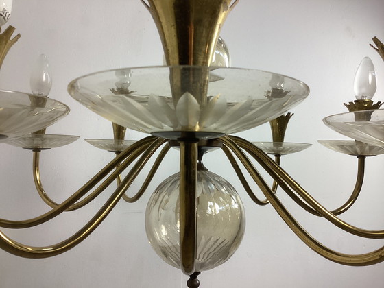 Image 1 of Grande lampadario vintage Chandolier degli anni Cinquanta in vetro e rame 