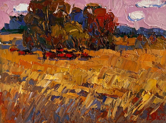Image 1 of Original Oil Painting Evening Field Landscape On the autumn steppes