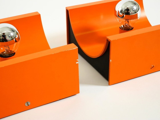 Image 1 of Pair of rare original 1960s Space Age metal wall lamps by Klaus Hempel for Kaiser Leuchten in orange