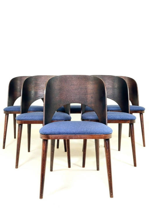 Vintage dining chairs set of 6 oak wood & blue wool