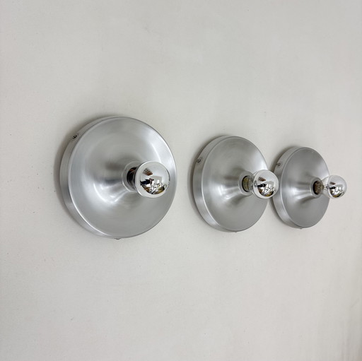 Set of 3 Aluminium Disc Wall Lamps Sconce, 1970s