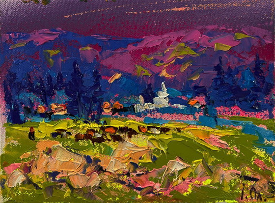 Original Oil Painting Summer Field Landscape Blue Nature Night – Paintings & Drawings, Canvas (photo 3 of 8)