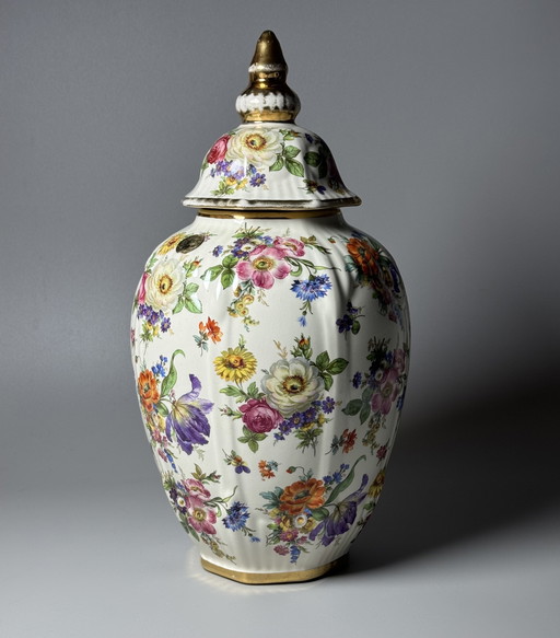 Pot à couvercle Boch Frères La Louvière Keralux – Motif floral « Bouquet de Saxe » – Art déco belge, années 1930/1940