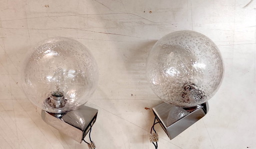 Designer-Wandleuchten aus verchromtem Metall und gewölbtem Glas von Keuco – 1960er/70er Jahre