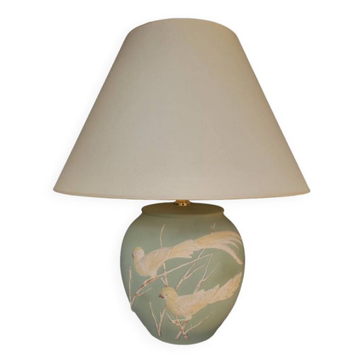 Mattgrüne Tischleuchte mit geprägten Vögeln – tafellampen, Ceramic, Brass