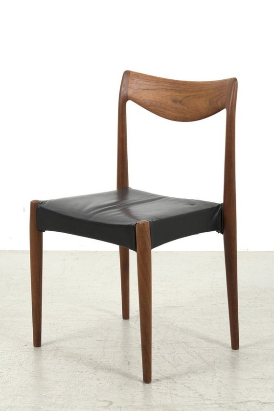 4 Bambi Dining chairs mid-century Teak Gustav Bahus Norway, Wood, Leather, Black (photo 2 of 9)