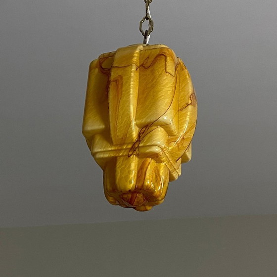 Image 1 of Art Deco Skyscraper Chandelier Pendant Light in Marbled Yellow Gold Opaline Glass