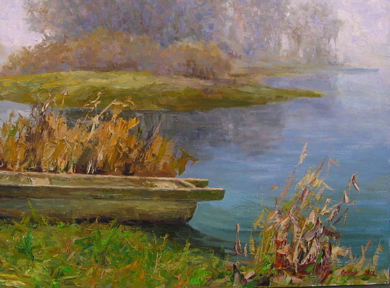 Original Ölgemälde Naturlandschaft Boot Fluss Morgennebel – Gemälde & Zeichnungen, Canvas (photo 8 of 8)