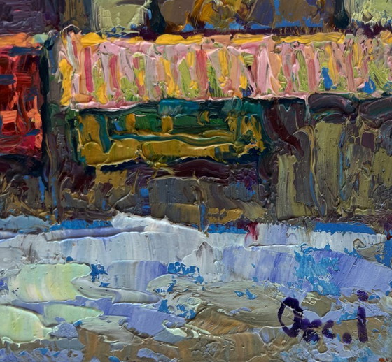 Image 1 of Original Oil Painting Winter Village Landscape Sunset behind the rooftops