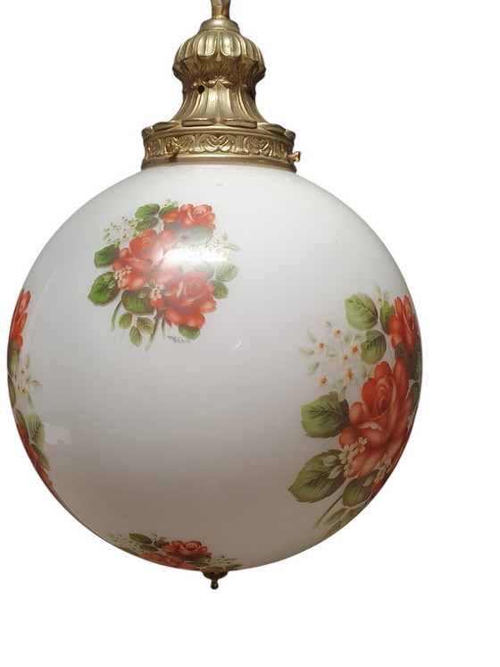 Image 1 of 2065 Antike Glas Pendelleuchte mit Rosen und Kupfer