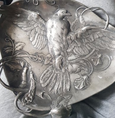 Image 1 of Bol en étain antique Art Nouveau avec motif d'oiseau de Wmf