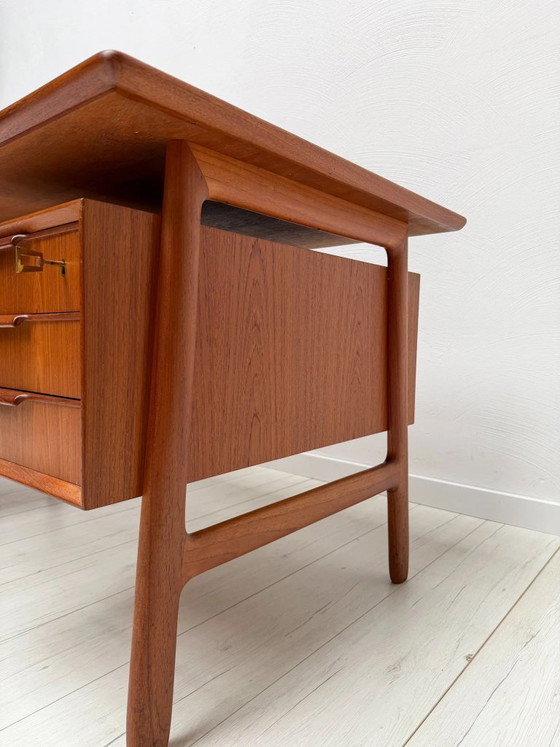 1960s Vintage Danish Design Teak Desk Model 75 by Gunni Omann for Omann Jun, Wood, Brown, Mid Century Modern (photo 6 of 17)