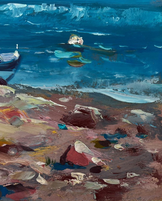 Image 1 of Original Oil Painting Summer Coastal Landscape Sea Waves Crashing Against Sharp Shores