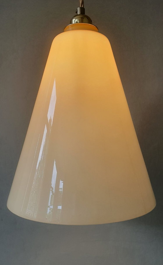 Image 1 of Large Vintage Opaline Conical Pendant Lamp in Amber / Soft Yellow Art Deco Style