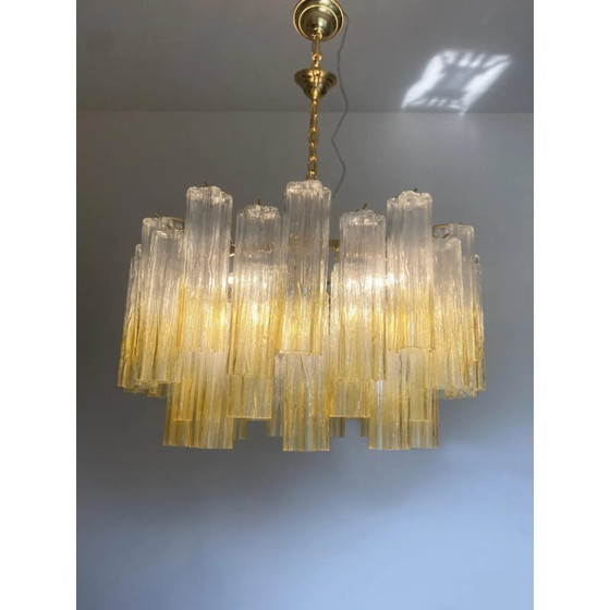Image 1 of Lampadario contemporaneo ovale in vetro di Murano "Tronchi" color ambra trasparente sfumato in stile Venini