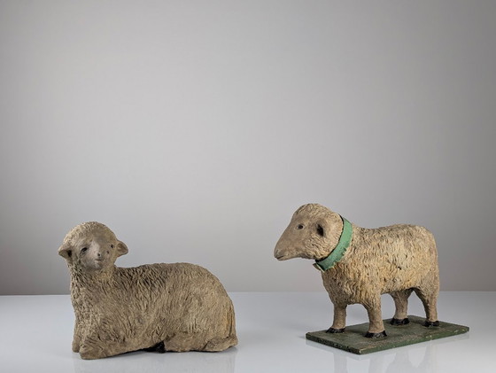Image 1 of Pair of Large Stucco Sheep Sculptures, Early 20th Century, Farm Animals