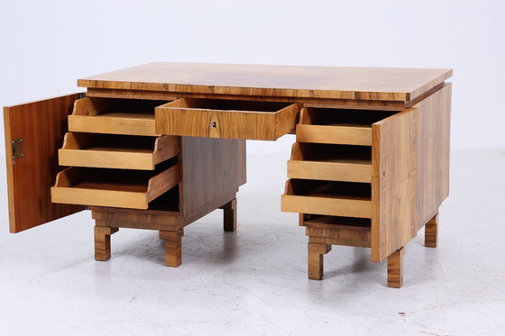Image 1 of Art Déco desk 1920s original | Antique walnut office desk | Vintage wooden executive desk | #05-18