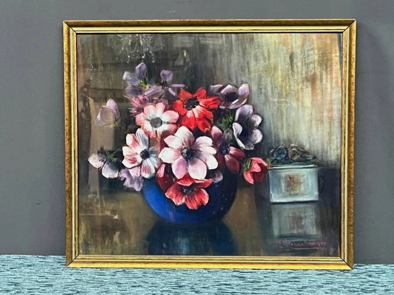M. Steenbruggen. Stilleven met bloemen in een blauwe vaas. Pastel. – Schilderijen & Tekeningen, Paper (photo 6 of 6)