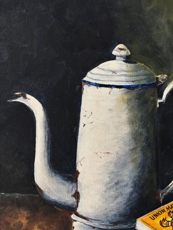 Vintage Still Life Painting – Coffee Pot & Candle – Oil on Canvas – Paintings & Drawings (photo 4 of 8)
