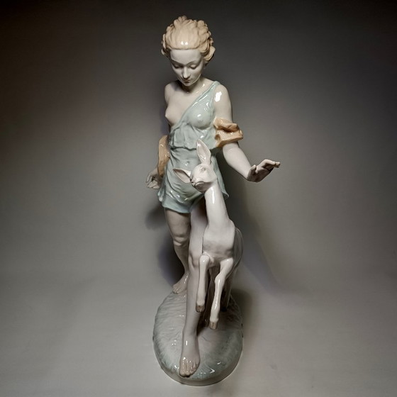 Hutschenreuther - Semi-nude Lady and Deer - 52,5cm - Porcelain, Sculpture, Creme (photo 7 of 22)