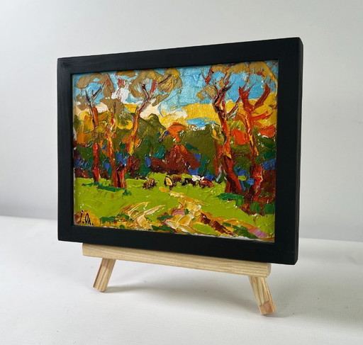Original Oil Painting Colorful Trees Landscape Summer evening in the forest